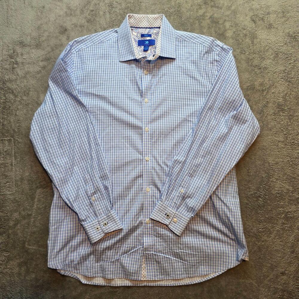 Egara Dress Shirt Mens 17 34/35 Blue Check Stretch Slim Fit Contrast Trim